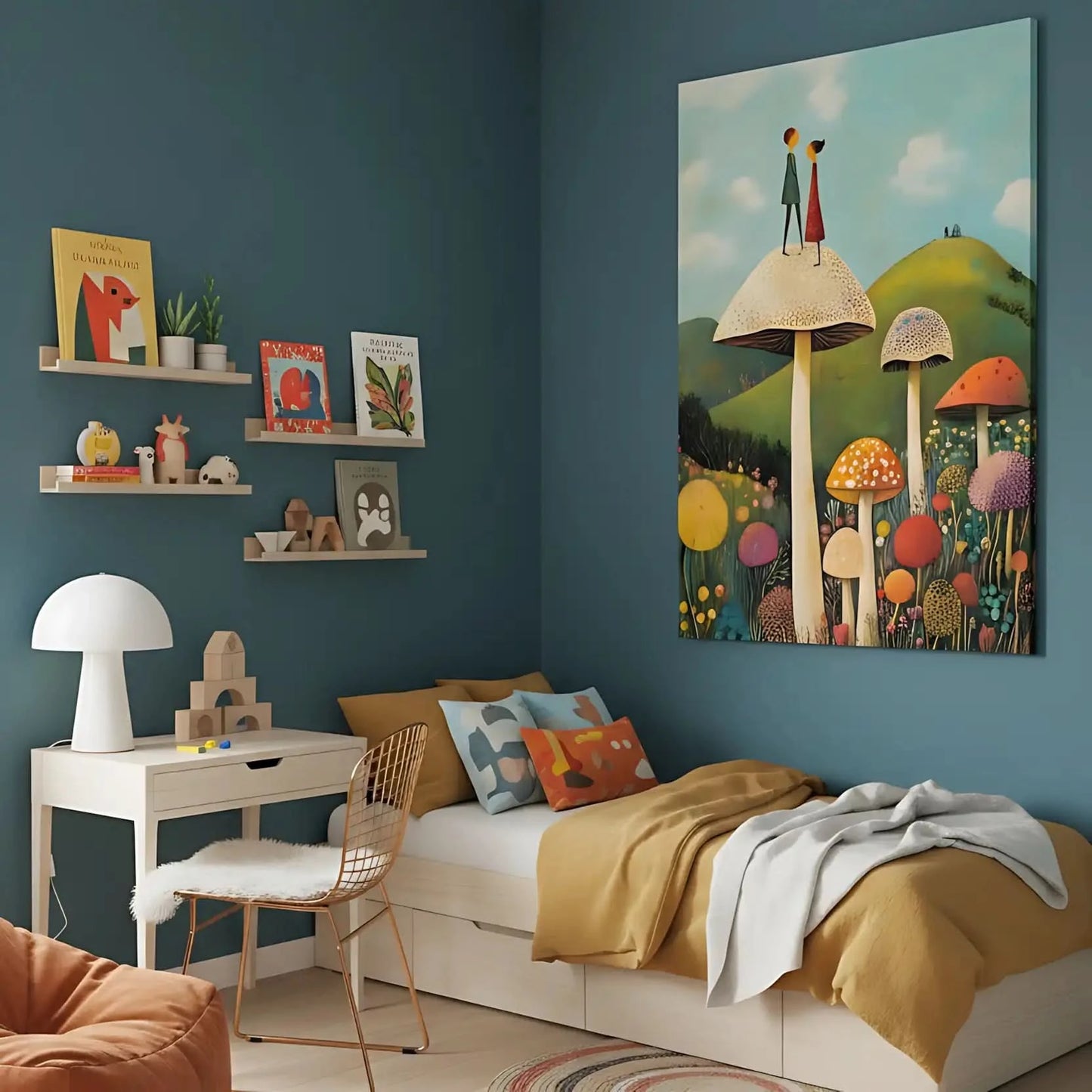 Illustration d'un couple de personnages sur un champignon géant dans un jardin enchanté, entouré de fleurs colorées.