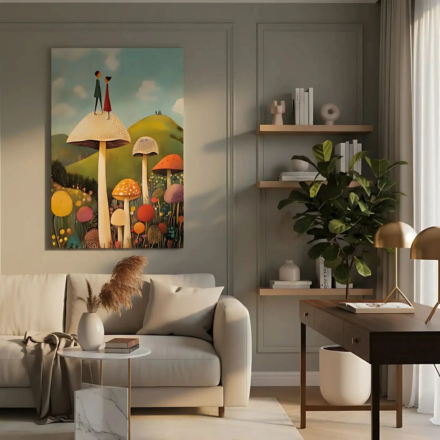 Illustration d'un couple de personnages sur un champignon géant dans un jardin enchanté, entouré de fleurs colorées.