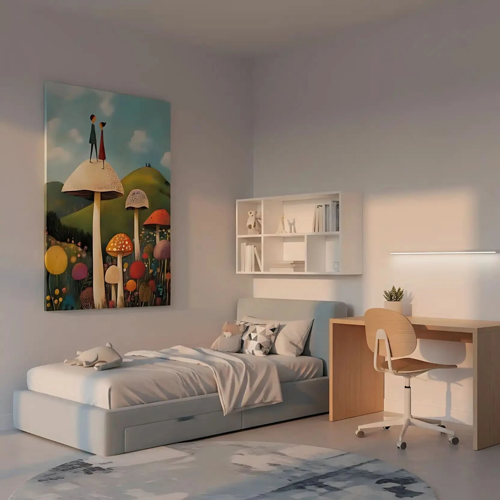 Illustration d'un couple de personnages sur un champignon géant dans un jardin enchanté, entouré de fleurs colorées.