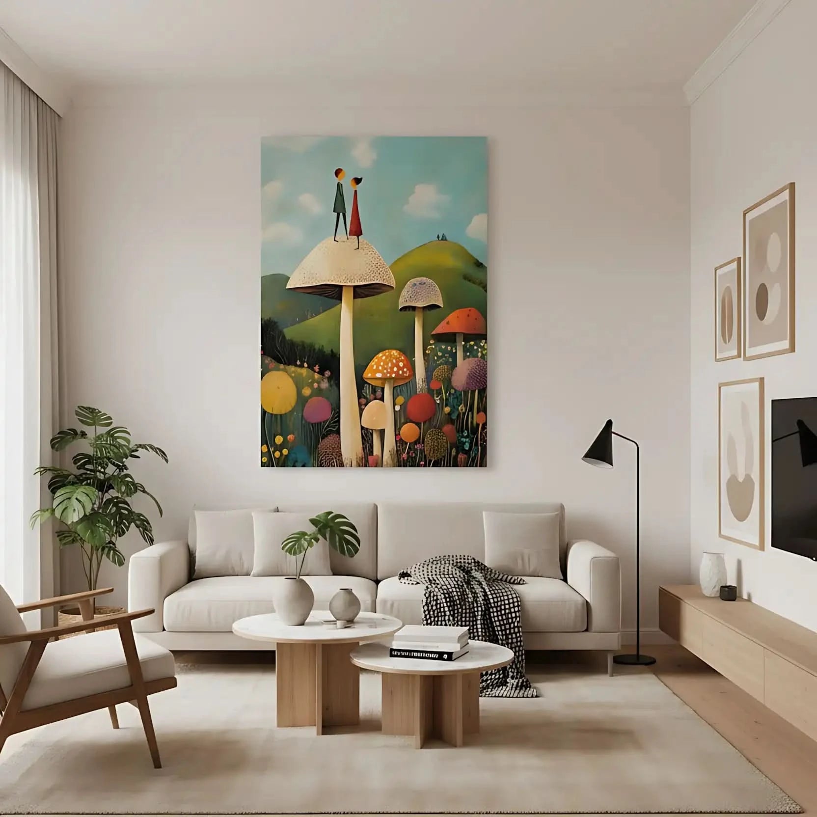 Illustration d'un couple de personnages sur un champignon géant dans un jardin enchanté, entouré de fleurs colorées.