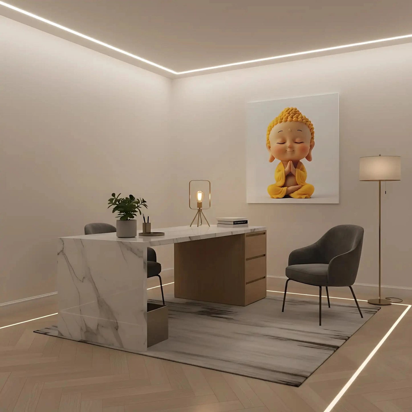 Décoration avec un Bouddha souriant en jaune, transmettant la sérénité et la paix, idéal pour les salons ou les espaces de méditation.