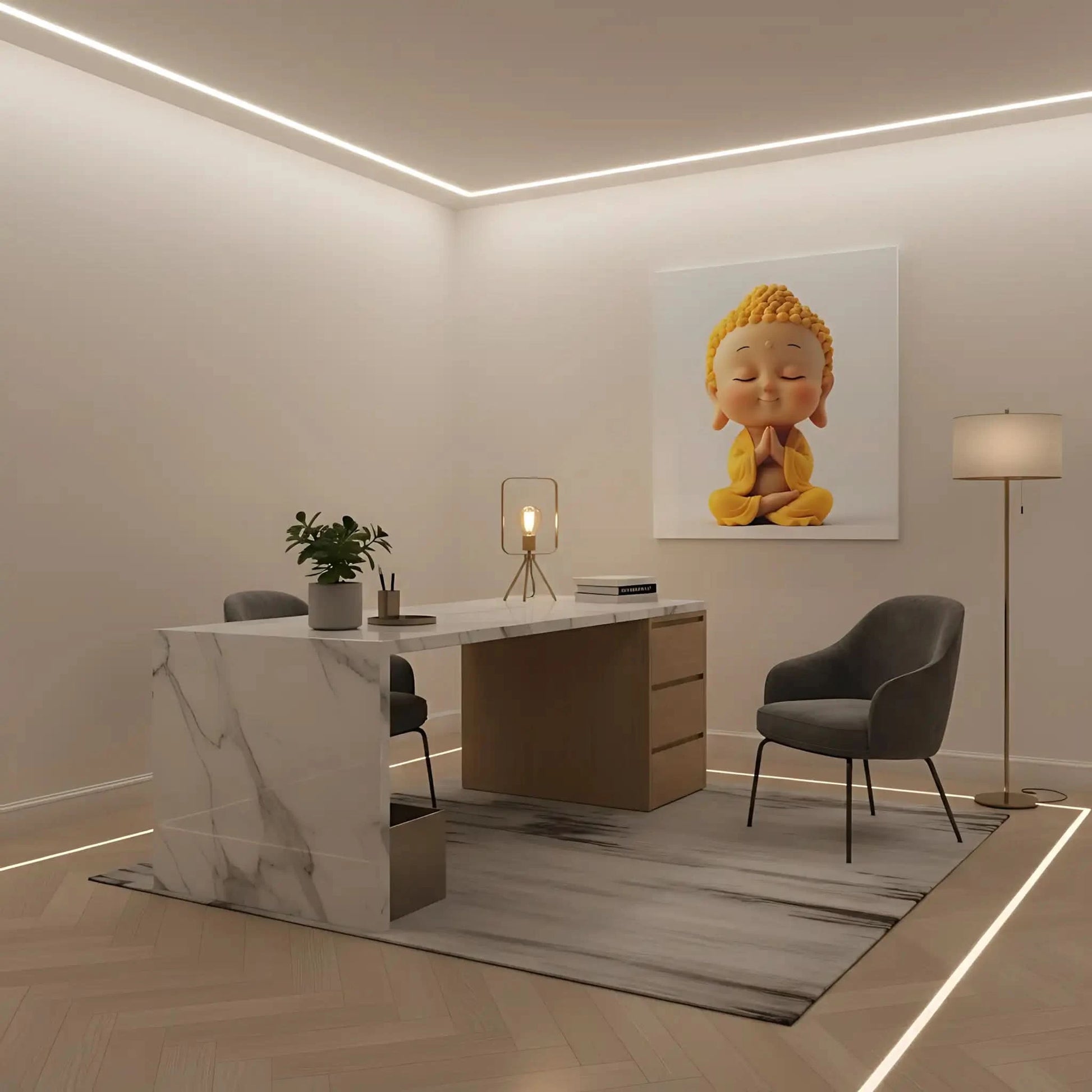 Décoration avec un Bouddha souriant en jaune, transmettant la sérénité et la paix, idéal pour les salons ou les espaces de méditation.