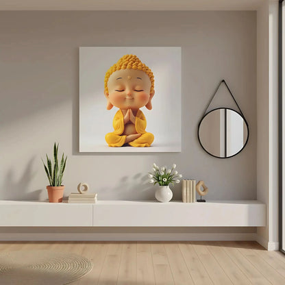 Décoration avec un Bouddha souriant en jaune, transmettant la sérénité et la paix, idéal pour les salons ou les espaces de méditation.