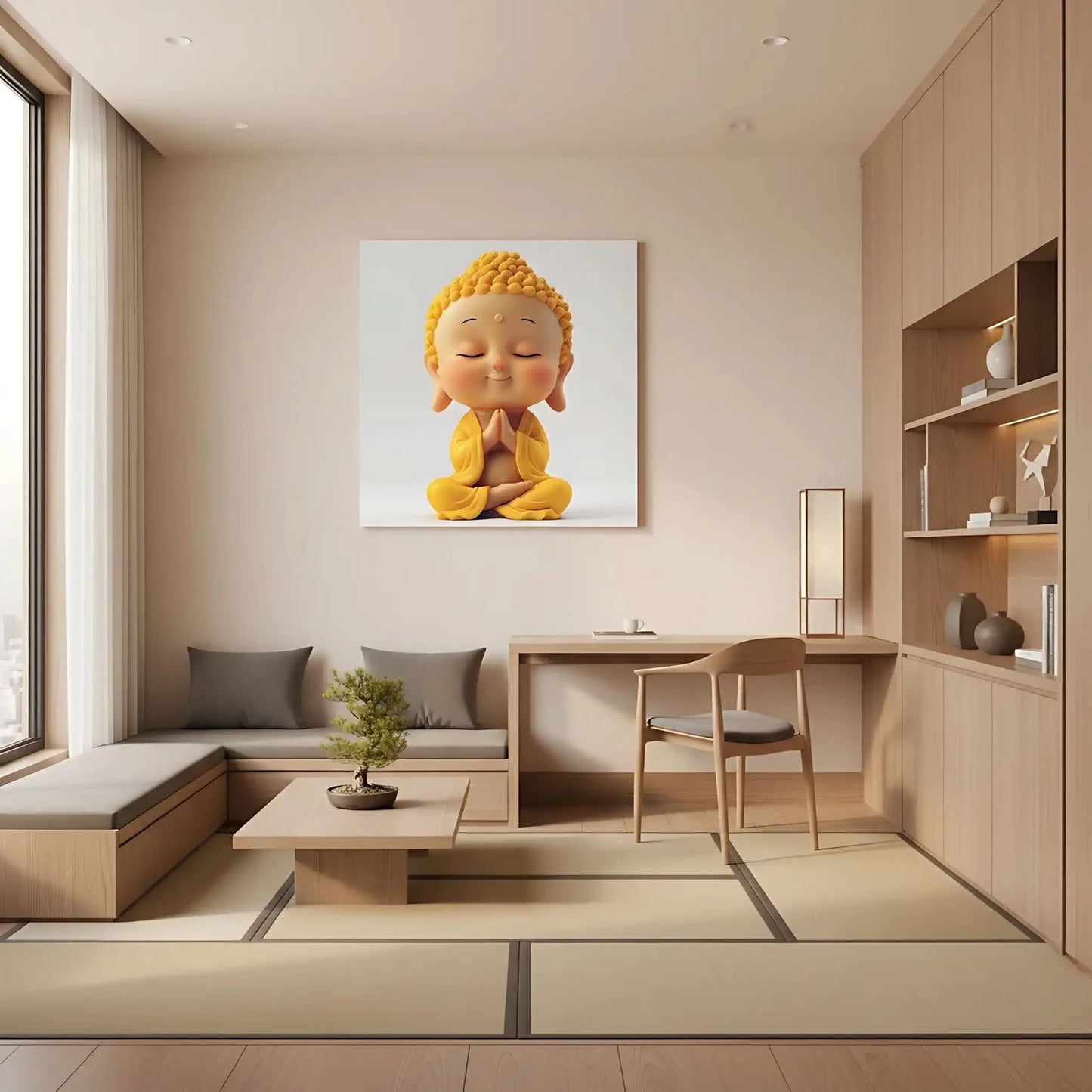 Décoration avec un Bouddha souriant en jaune, transmettant la sérénité et la paix, idéal pour les salons ou les espaces de méditation.