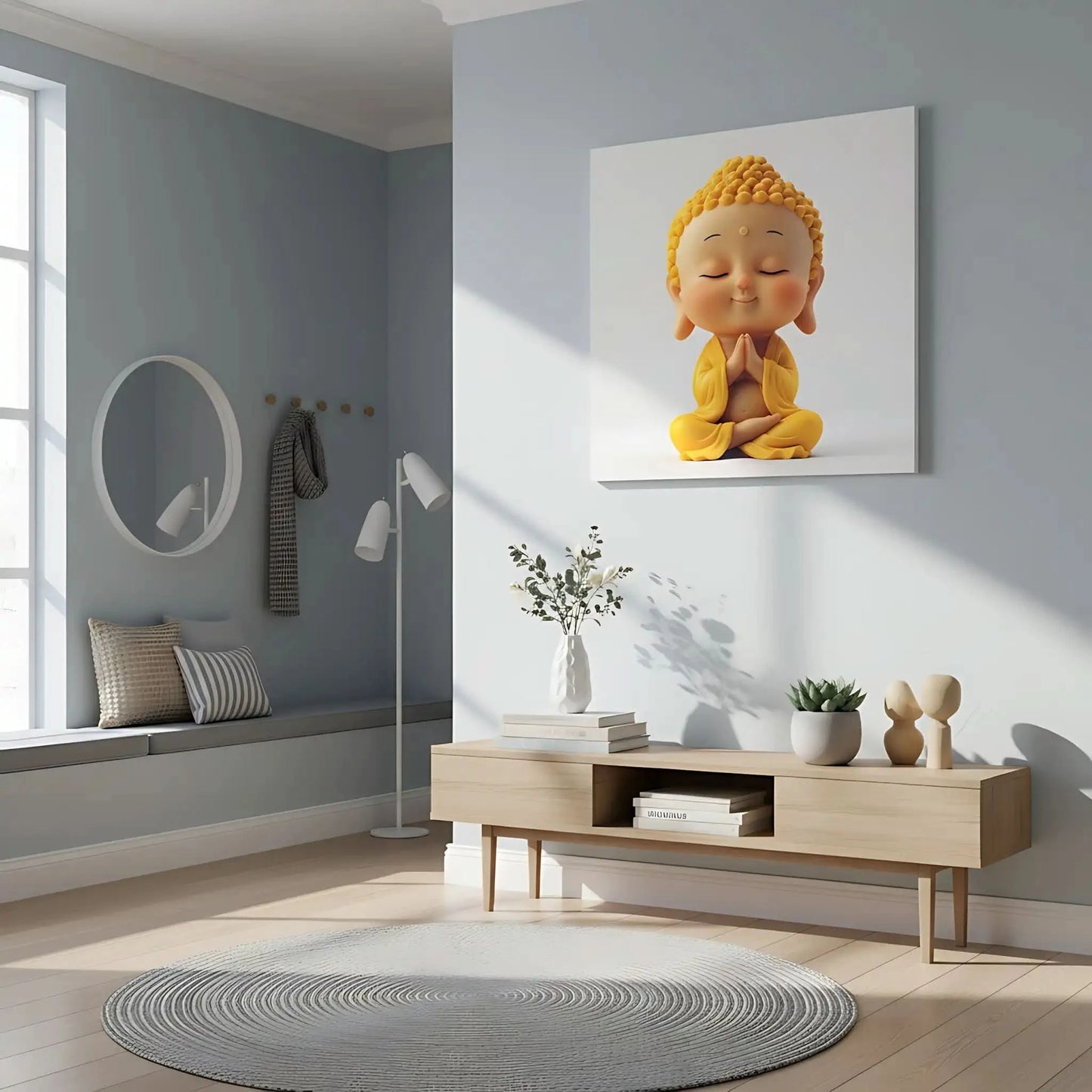 Décoration avec un Bouddha souriant en jaune, transmettant la sérénité et la paix, idéal pour les salons ou les espaces de méditation.