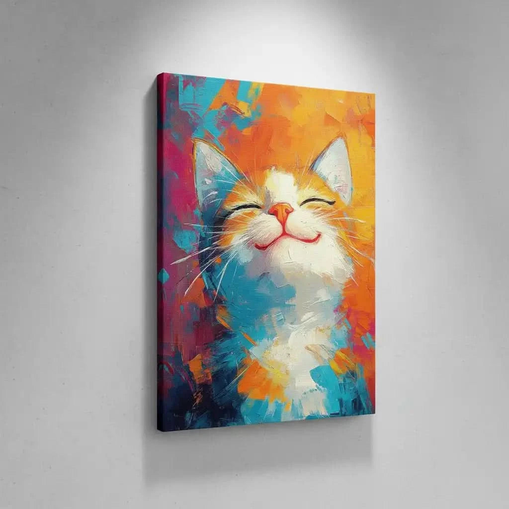 Illustration d'un chat joyeux dans une explosion de couleurs vives, évoquant un sentiment de bonheur.