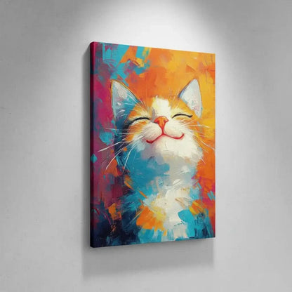 Illustration d'un chat joyeux dans une explosion de couleurs vives, évoquant un sentiment de bonheur.