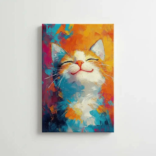 Illustration d'un chat joyeux dans une explosion de couleurs vives, évoquant un sentiment de bonheur.