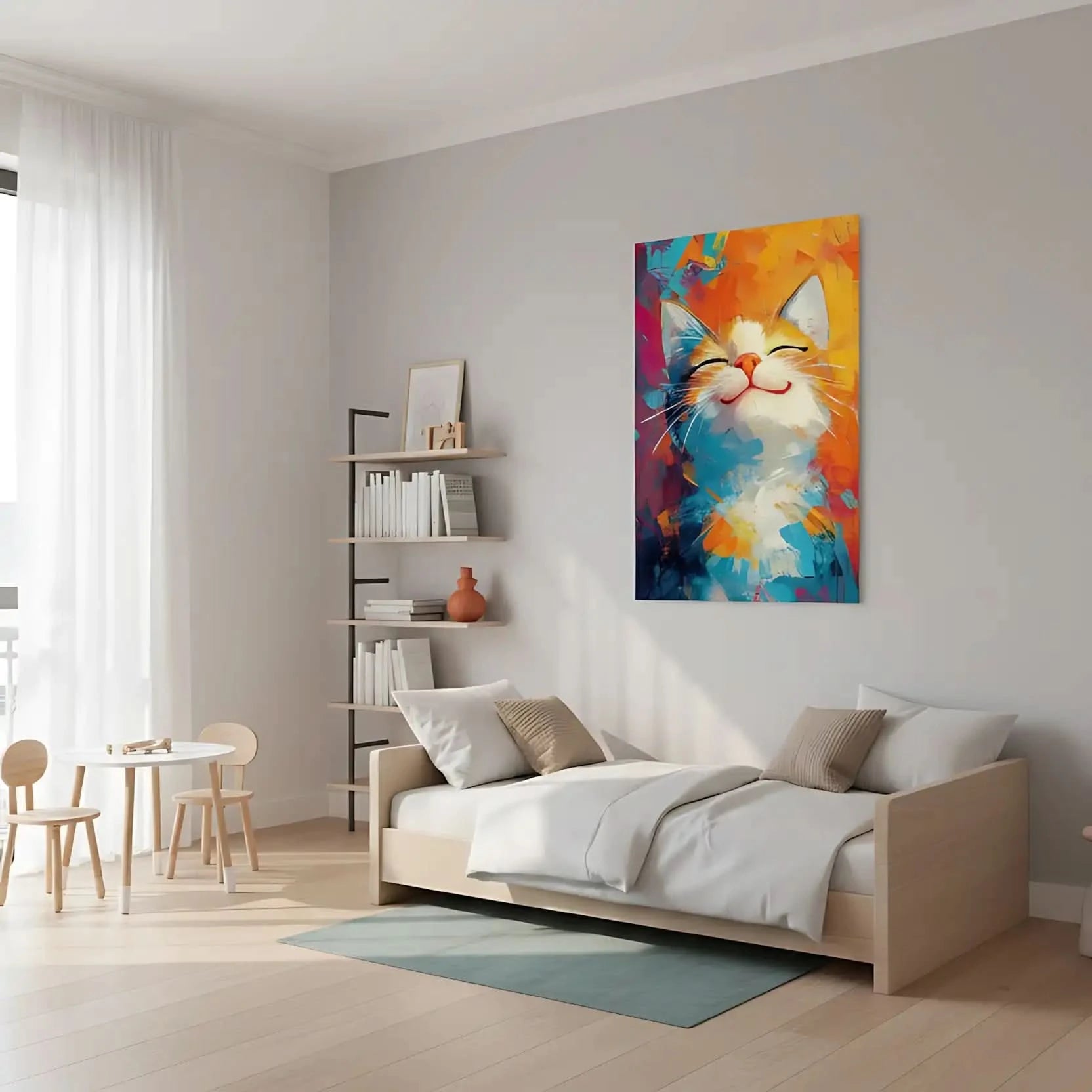 Illustration d'un chat joyeux dans une explosion de couleurs vives, évoquant un sentiment de bonheur.