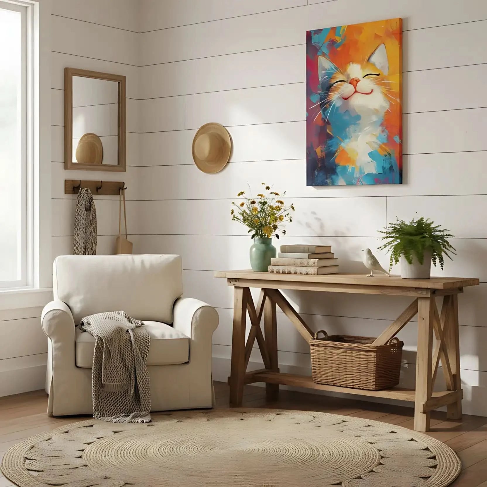 Illustration d'un chat joyeux dans une explosion de couleurs vives, évoquant un sentiment de bonheur.