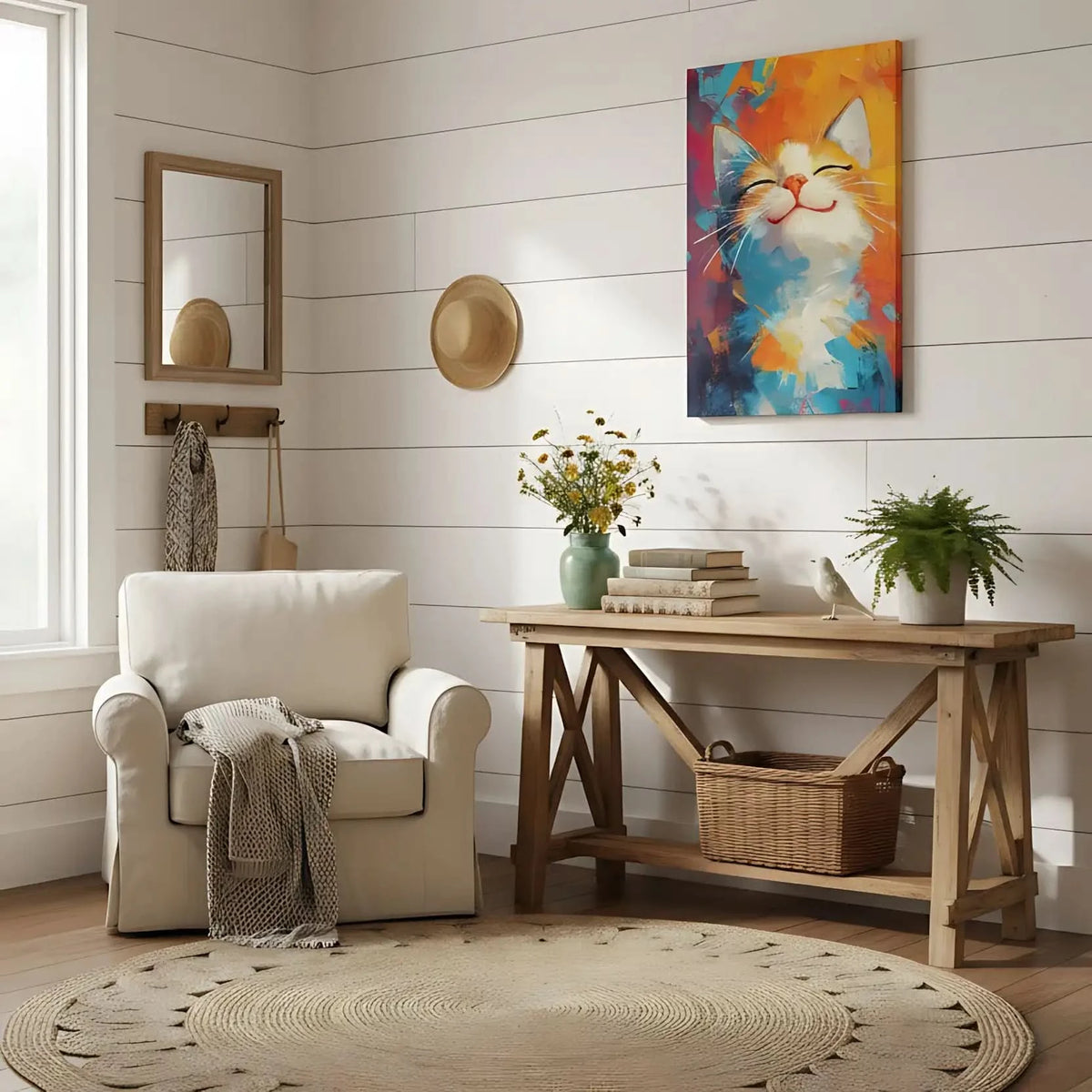 Illustration d'un chat joyeux dans une explosion de couleurs vives, évoquant un sentiment de bonheur.