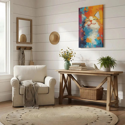 Illustration d'un chat joyeux dans une explosion de couleurs vives, évoquant un sentiment de bonheur.