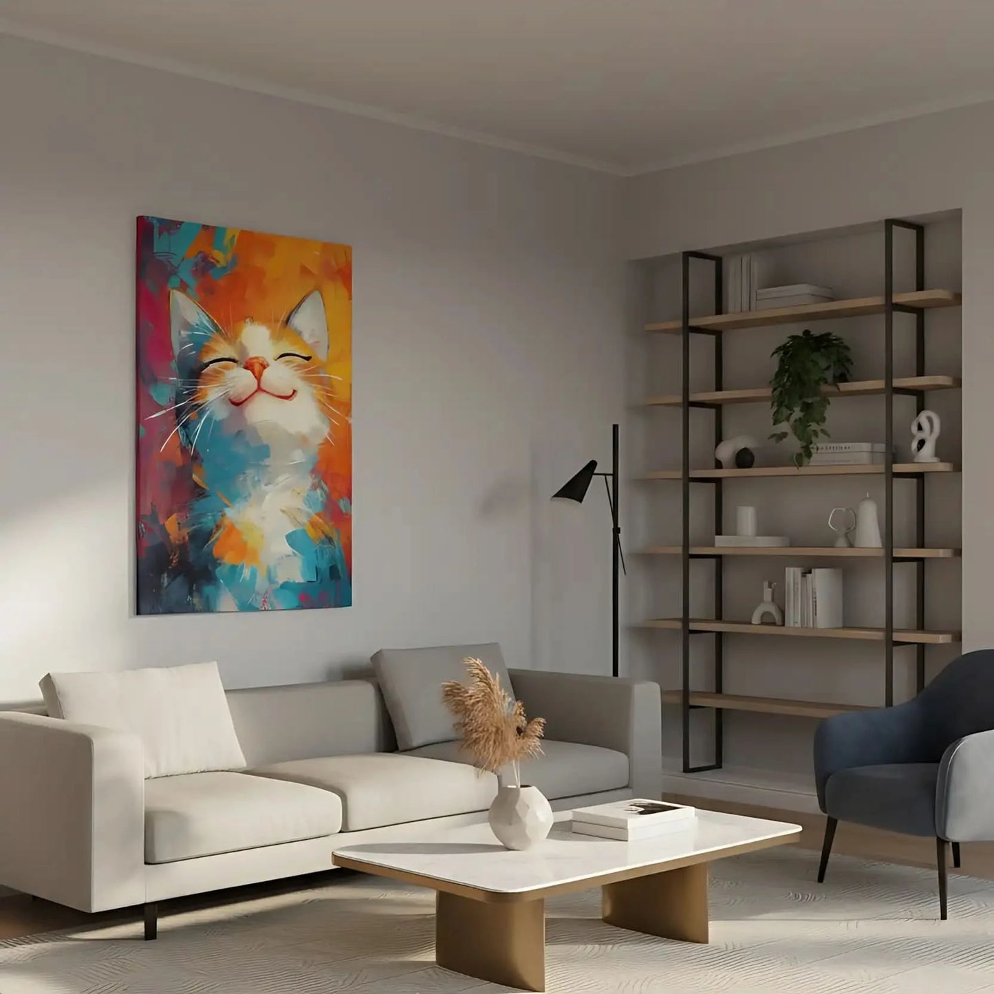 Illustration d'un chat joyeux dans une explosion de couleurs vives, évoquant un sentiment de bonheur.