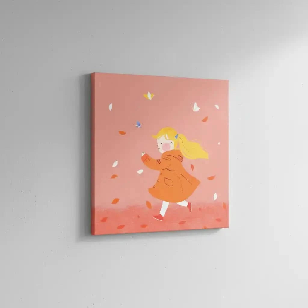 Illustration d'une enfant courant joyeusement parmi les feuilles d'automne, apportant une touche de fraîcheur et de liberté.