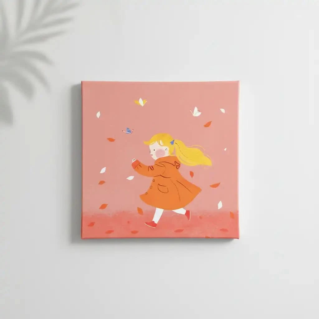 Illustration d'une enfant courant joyeusement parmi les feuilles d'automne, apportant une touche de fraîcheur et de liberté.