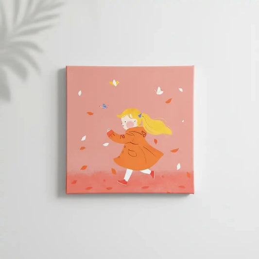 Illustration d'une enfant courant joyeusement parmi les feuilles d'automne, apportant une touche de fraîcheur et de liberté.