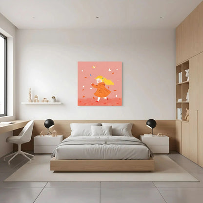 Illustration d'une enfant courant joyeusement parmi les feuilles d'automne, apportant une touche de fraîcheur et de liberté.