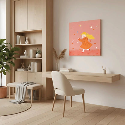 Illustration d'une enfant courant joyeusement parmi les feuilles d'automne, apportant une touche de fraîcheur et de liberté.