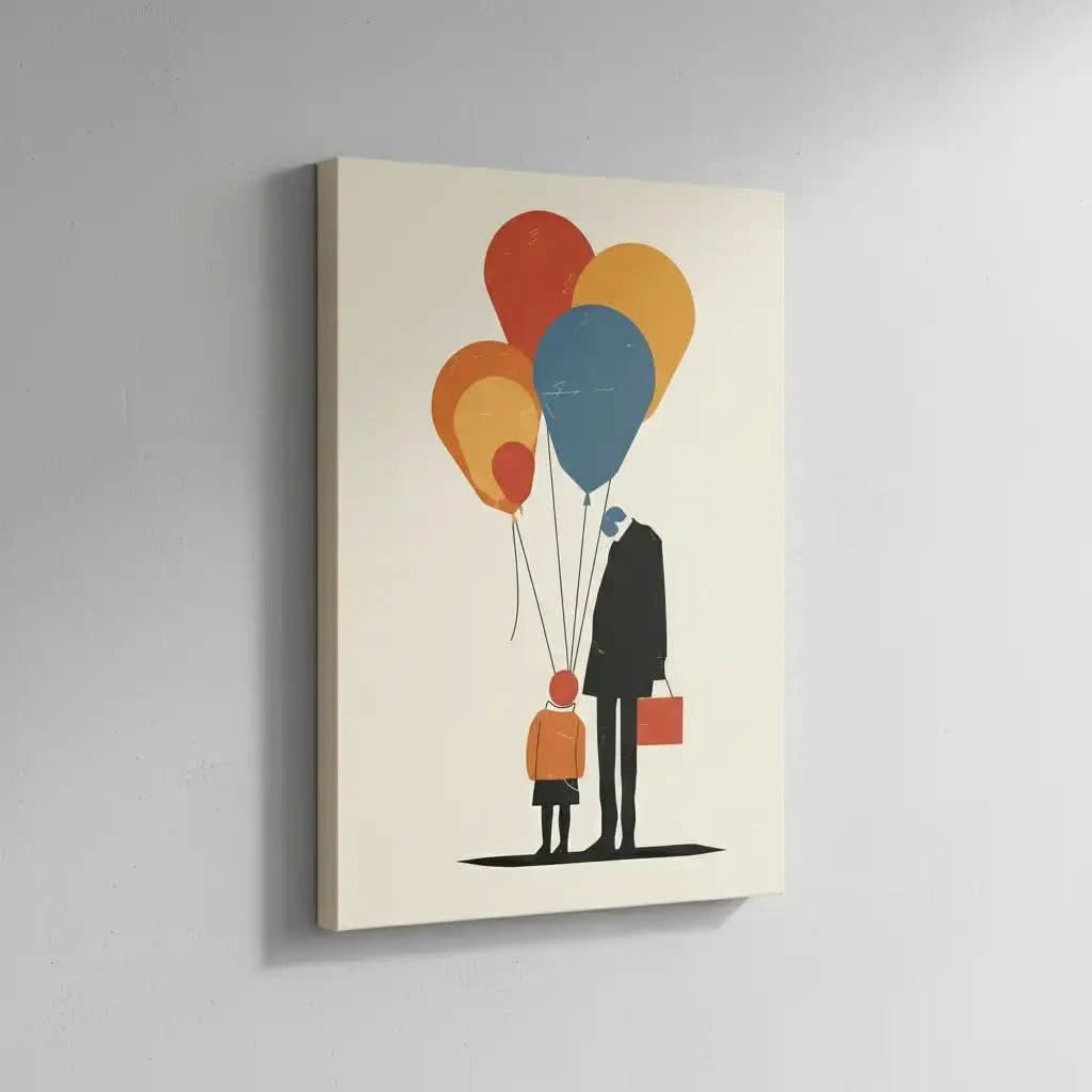 Illustration d'une famille reliée par des ballons colorés, symbolisant l'amour et la connexion profonde.