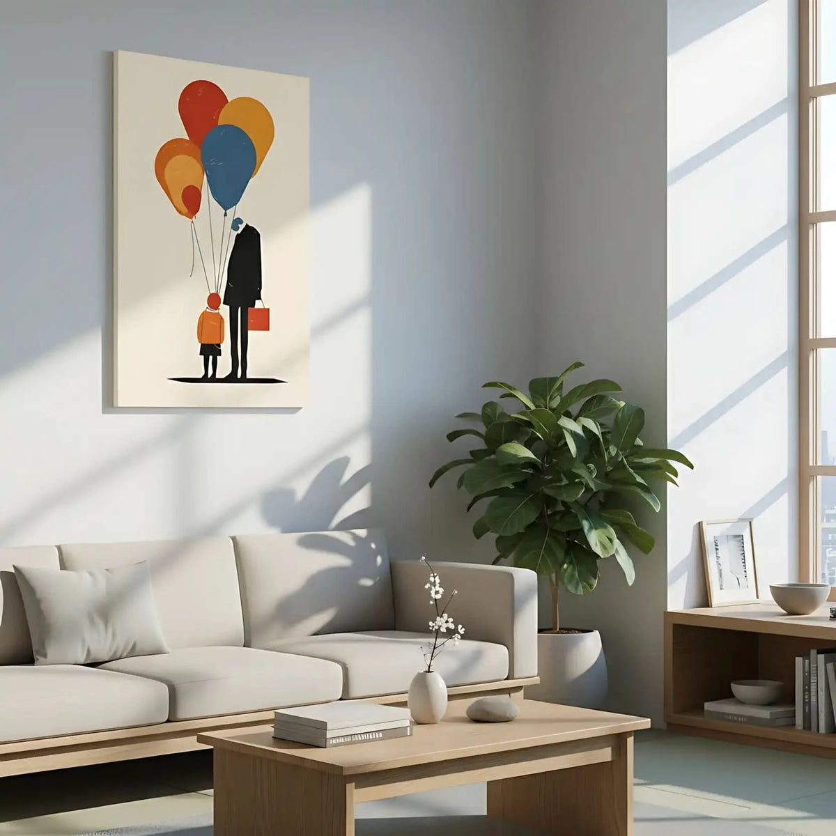 Illustration d'une famille reliée par des ballons colorés, symbolisant l'amour et la connexion profonde.