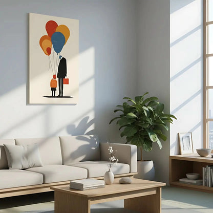 Illustration d'une famille reliée par des ballons colorés, symbolisant l'amour et la connexion profonde.