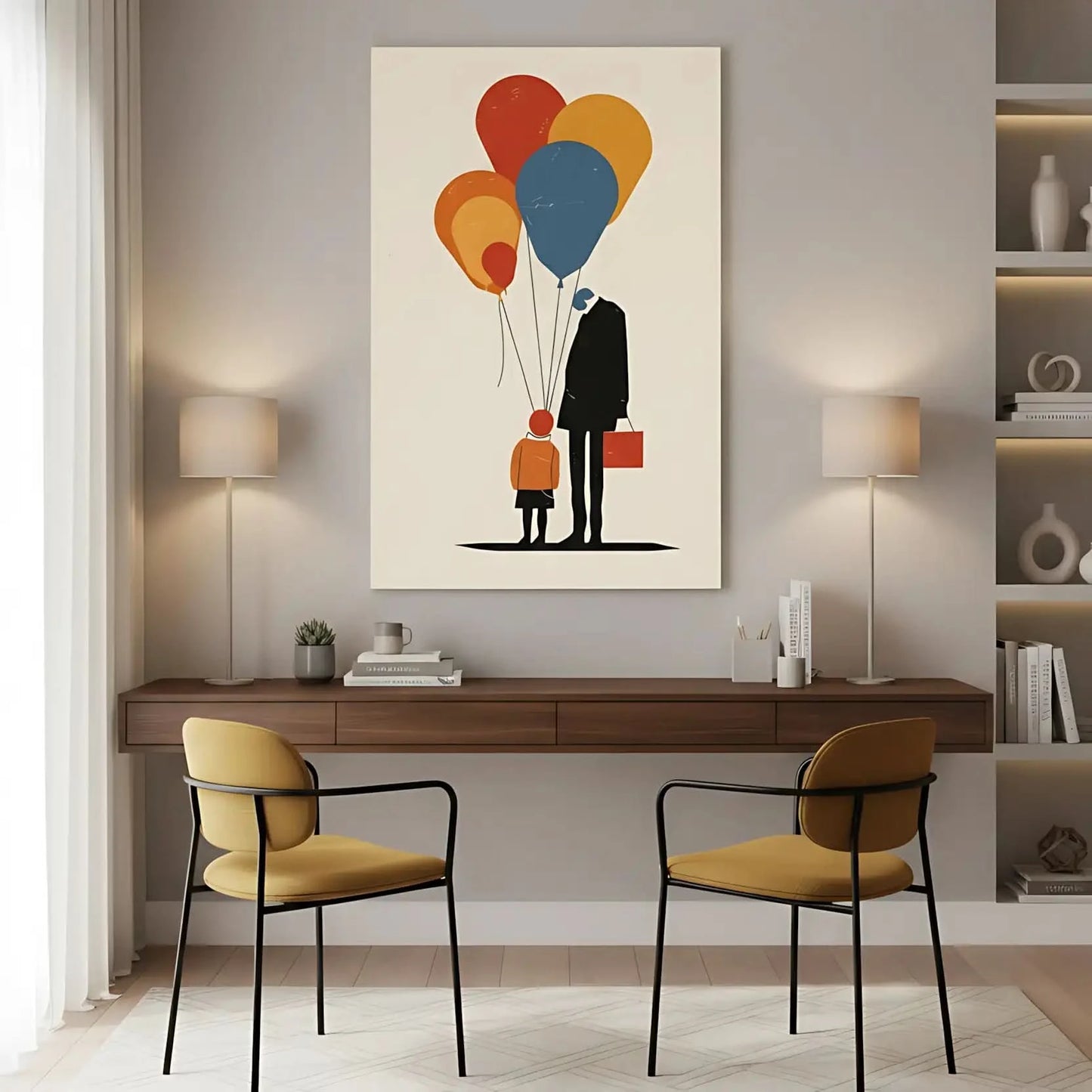 Illustration d'une famille reliée par des ballons colorés, symbolisant l'amour et la connexion profonde.