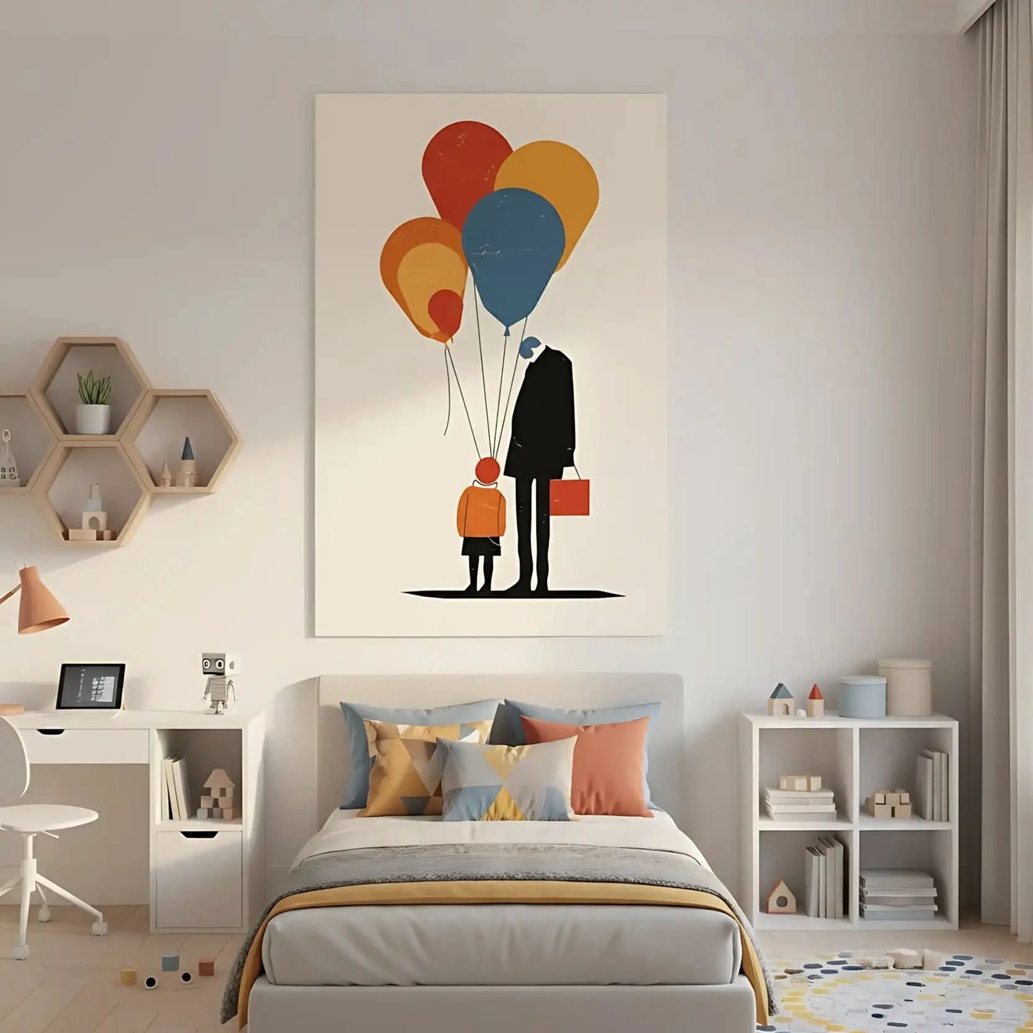 Illustration d'une famille reliée par des ballons colorés, symbolisant l'amour et la connexion profonde.