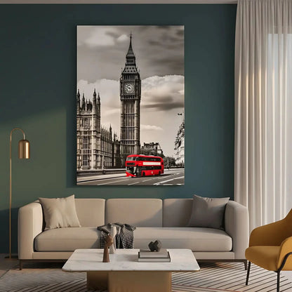 Big Ben et un bus à impériale rouge dans une scène noire et blanche, symbolisant l'énergie et la modernité de Londres, parfaite pour une décoration urbaine.