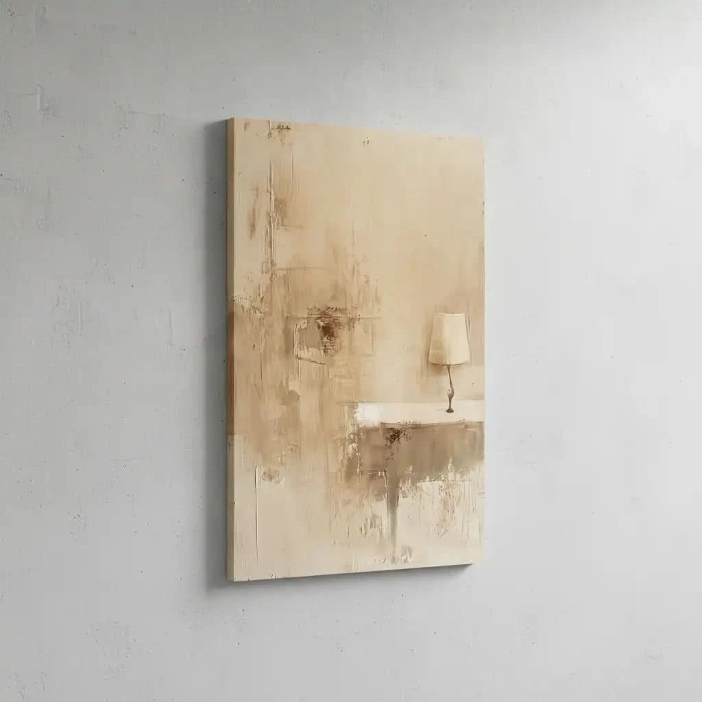 Peinture représentant une lampe solitaire éclairée dans un espace calme et doux, créant une atmosphère intime et apaisante.