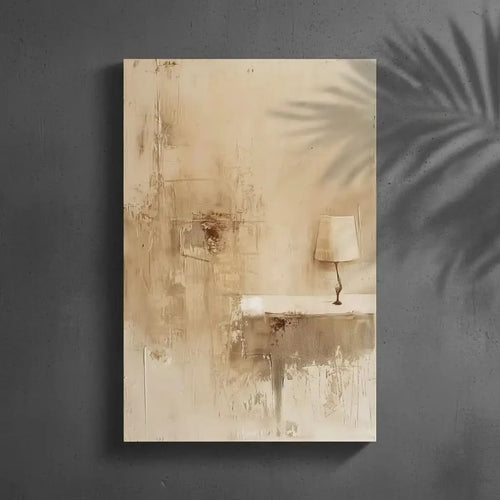 Peinture représentant une lampe solitaire éclairée dans un espace calme et doux, créant une atmosphère intime et apaisante.