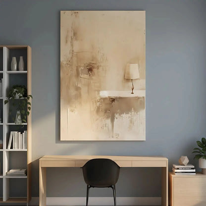 Peinture représentant une lampe solitaire éclairée dans un espace calme et doux, créant une atmosphère intime et apaisante.