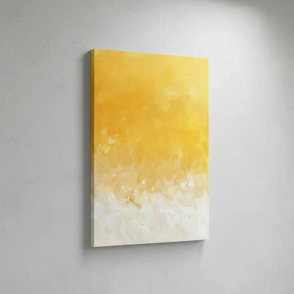 Peinture abstraite minimaliste avec des nuances de jaune et blanc, créant une atmosphère calme et lumineuse.