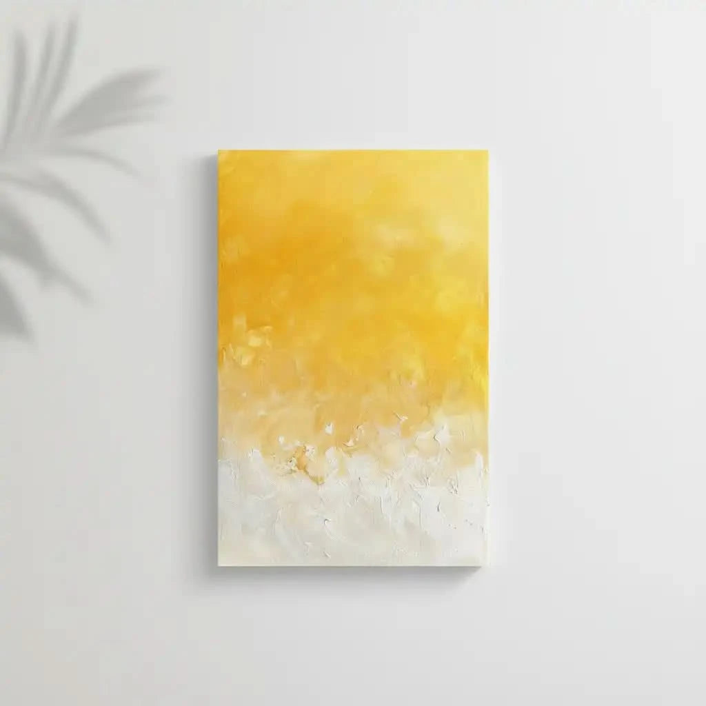 Peinture abstraite minimaliste avec des nuances de jaune et blanc, créant une atmosphère calme et lumineuse.