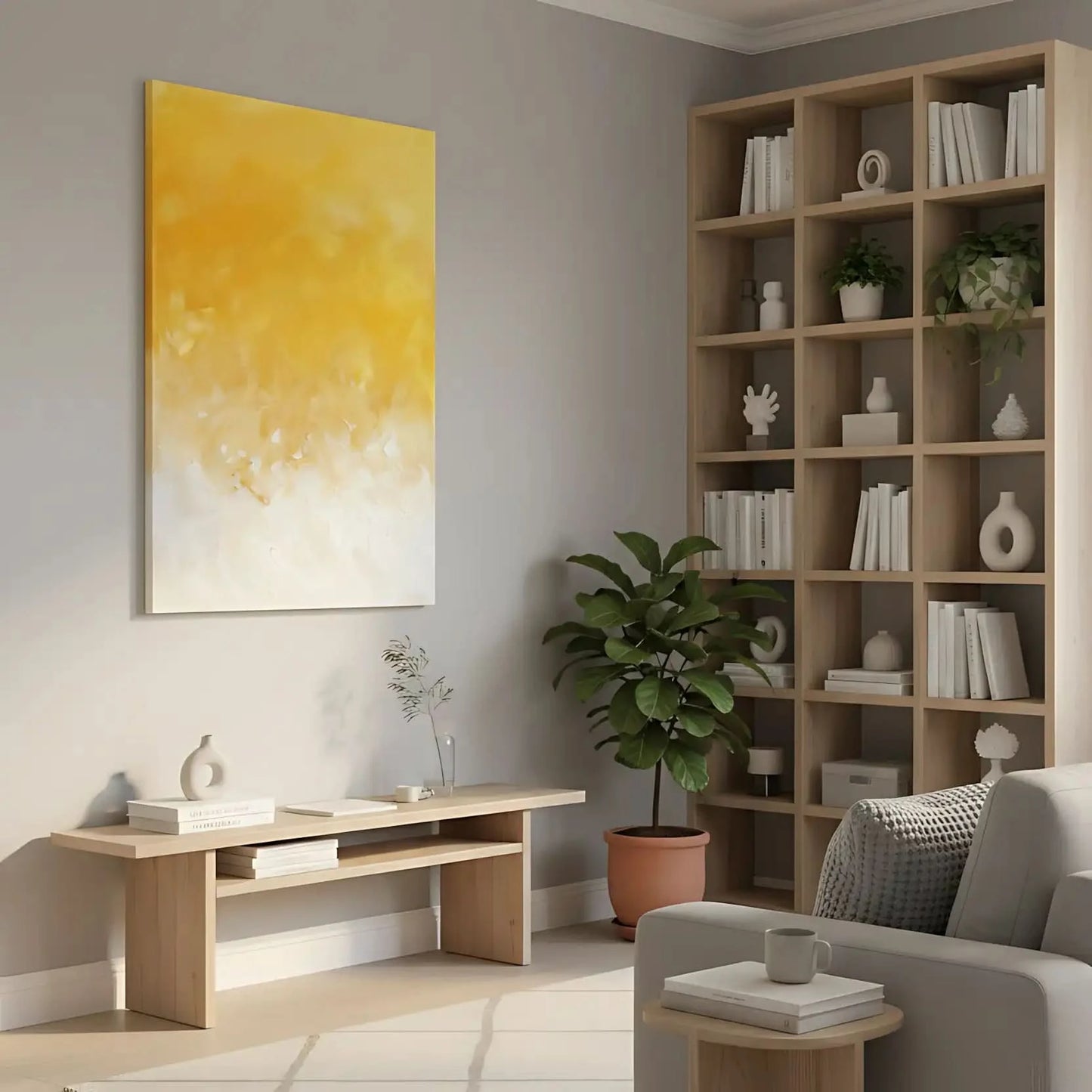 Peinture abstraite minimaliste avec des nuances de jaune et blanc, créant une atmosphère calme et lumineuse.