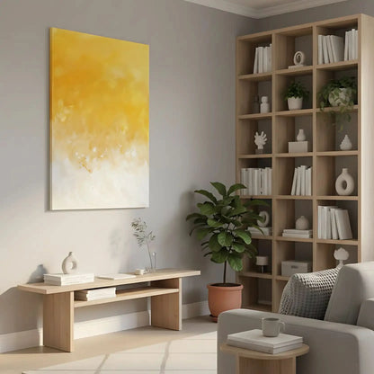 Peinture abstraite minimaliste avec des nuances de jaune et blanc, créant une atmosphère calme et lumineuse.
