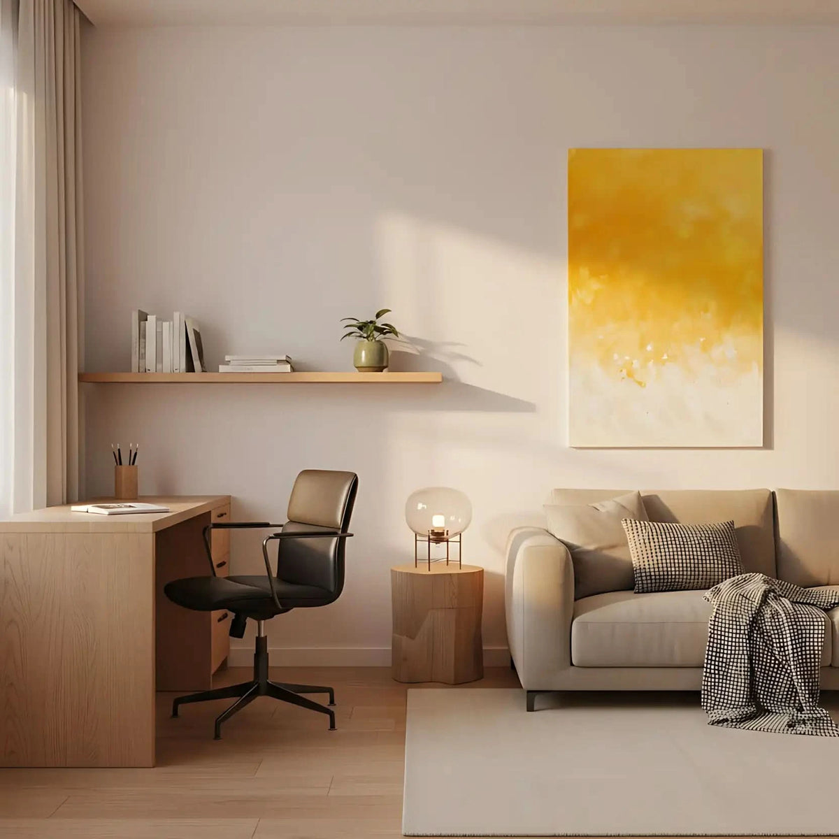 Peinture abstraite minimaliste avec des nuances de jaune et blanc, créant une atmosphère calme et lumineuse.