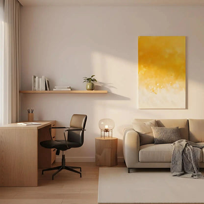 Peinture abstraite minimaliste avec des nuances de jaune et blanc, créant une atmosphère calme et lumineuse.