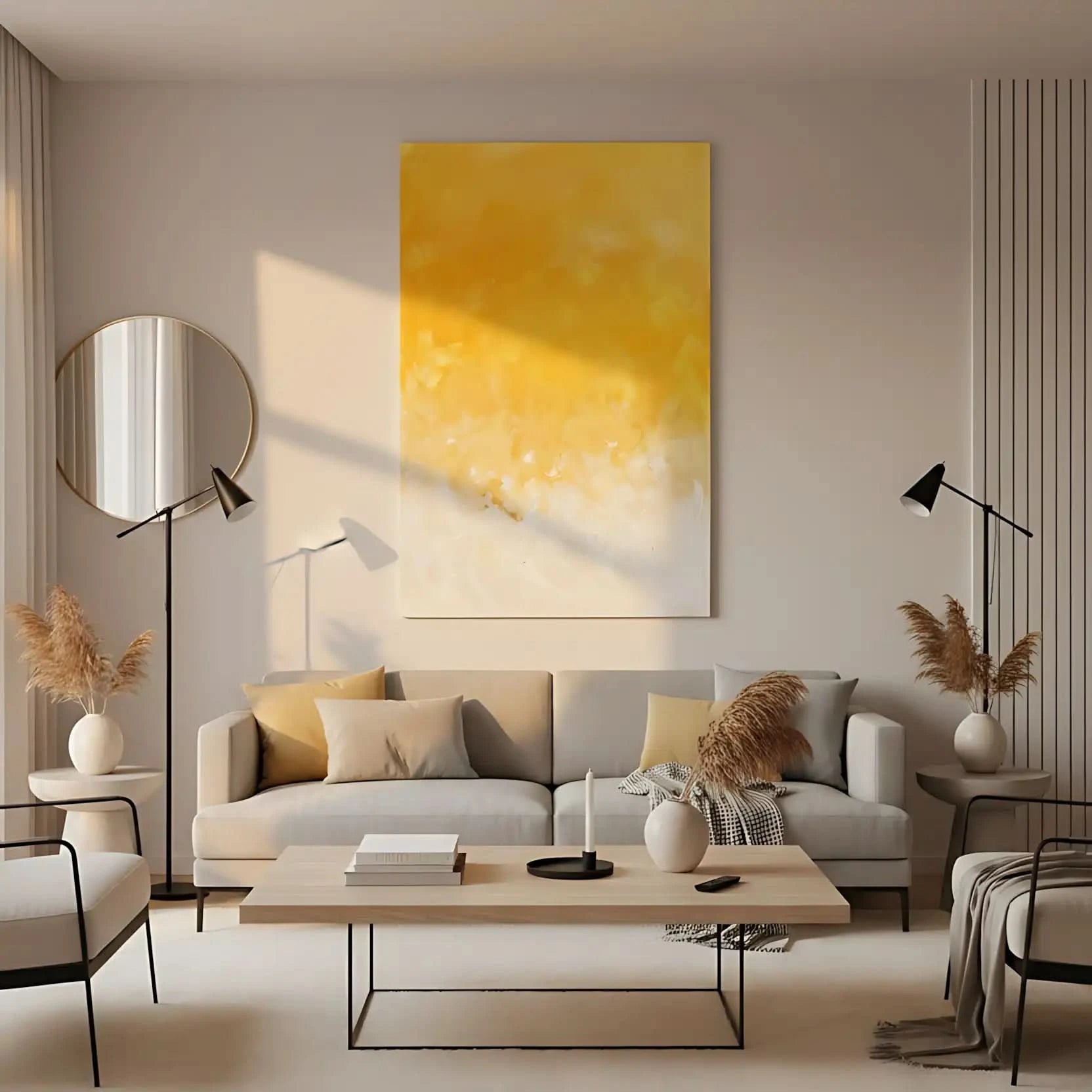 Peinture abstraite minimaliste avec des nuances de jaune et blanc, créant une atmosphère calme et lumineuse.