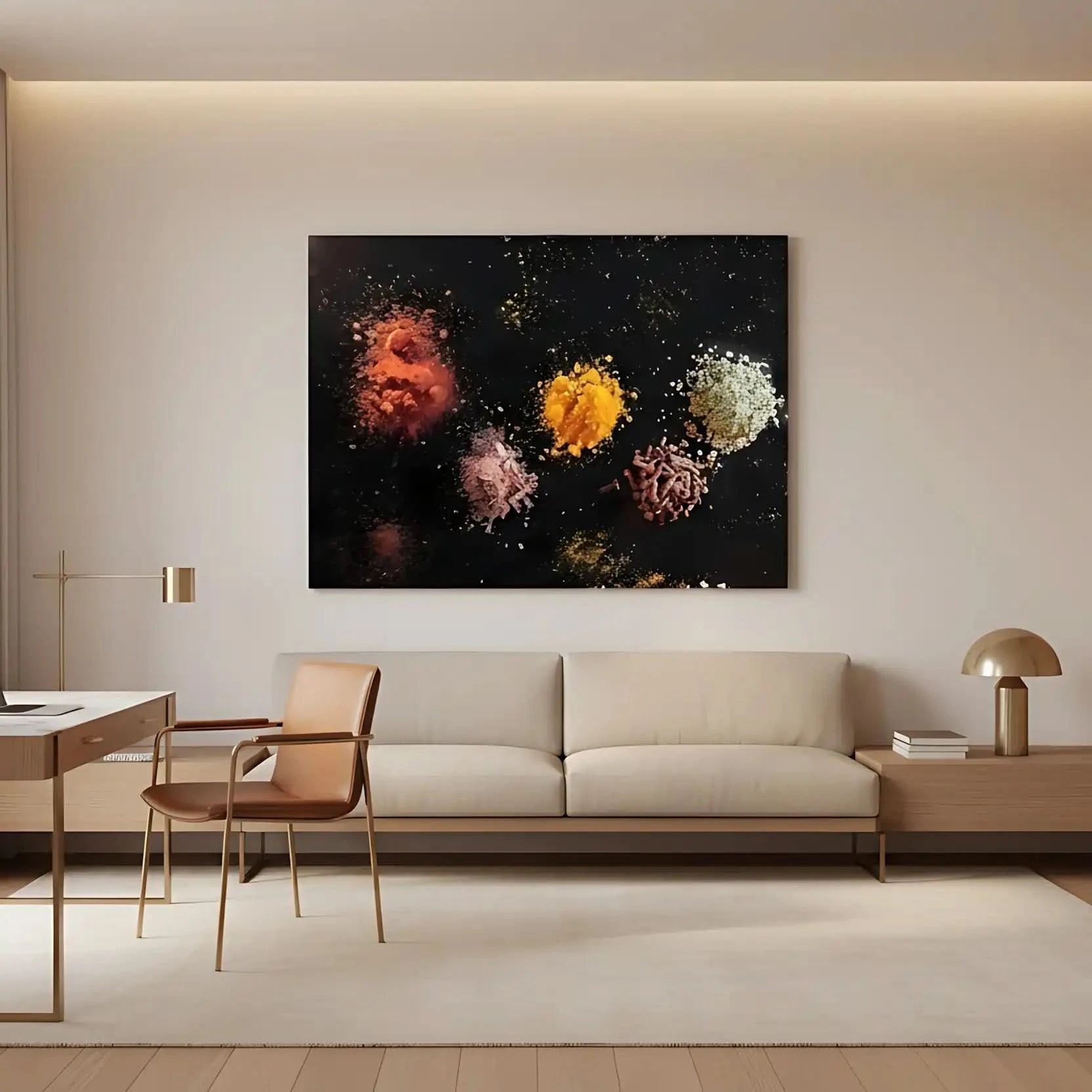 Explosion d’épices abstraite: paprika rouge, curcuma jaune, sel rose et graines blanches sur fond noir; oeuvre mystérieuse.