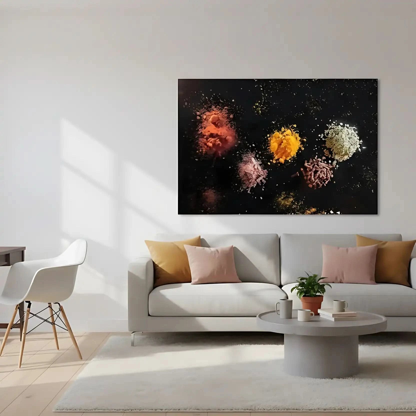 Explosion d’épices abstraite: paprika rouge, curcuma jaune, sel rose et graines blanches sur fond noir; oeuvre mystérieuse.