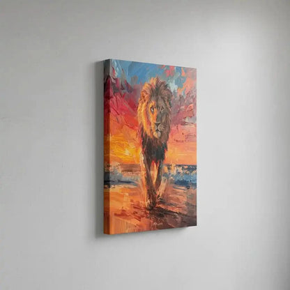 Peinture d’un lion majestueux dans la nature sauvage, avec des couleurs chaudes et un contraste saisissant qui incarne la puissance