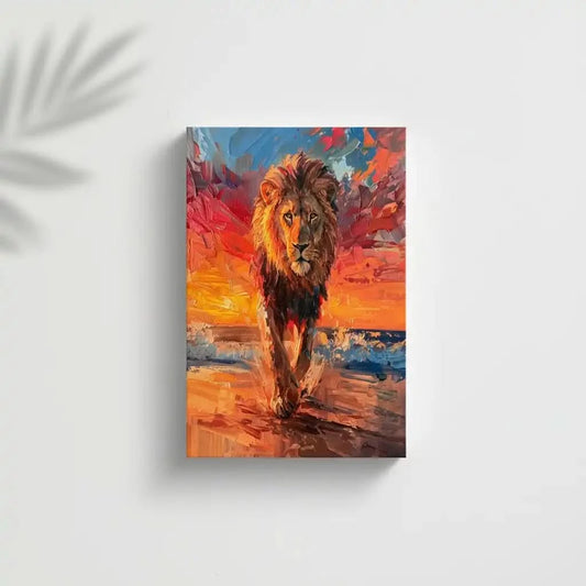 Peinture d’un lion majestueux dans la nature sauvage, avec des couleurs chaudes et un contraste saisissant qui incarne la puissance