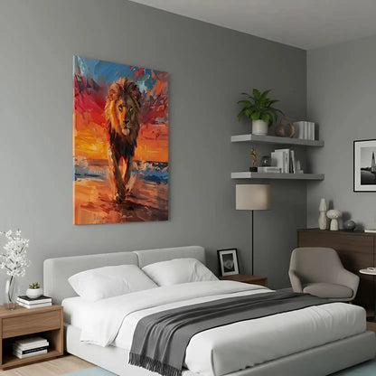 Peinture d’un lion majestueux dans la nature sauvage, avec des couleurs chaudes et un contraste saisissant qui incarne la puissance