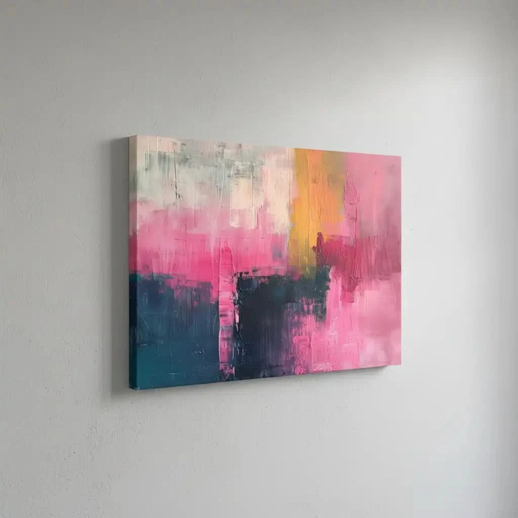 Un tableau abstrait où des teintes douces de rose, jaune et bleu se mélangent harmonieusement, créant une ambiance de sérénité.