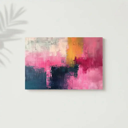 Un tableau abstrait où des teintes douces de rose, jaune et bleu se mélangent harmonieusement, créant une ambiance de sérénité.