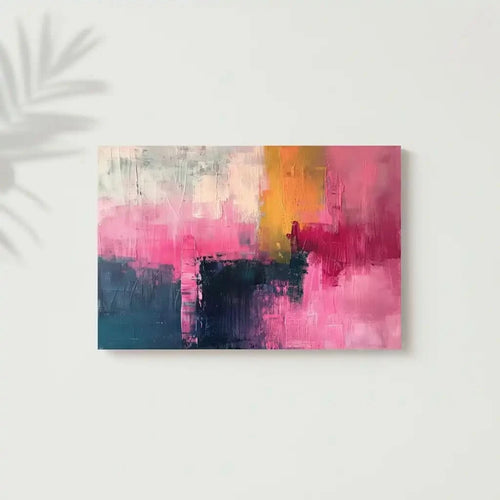 Un tableau abstrait où des teintes douces de rose, jaune et bleu se mélangent harmonieusement, créant une ambiance de sérénité.