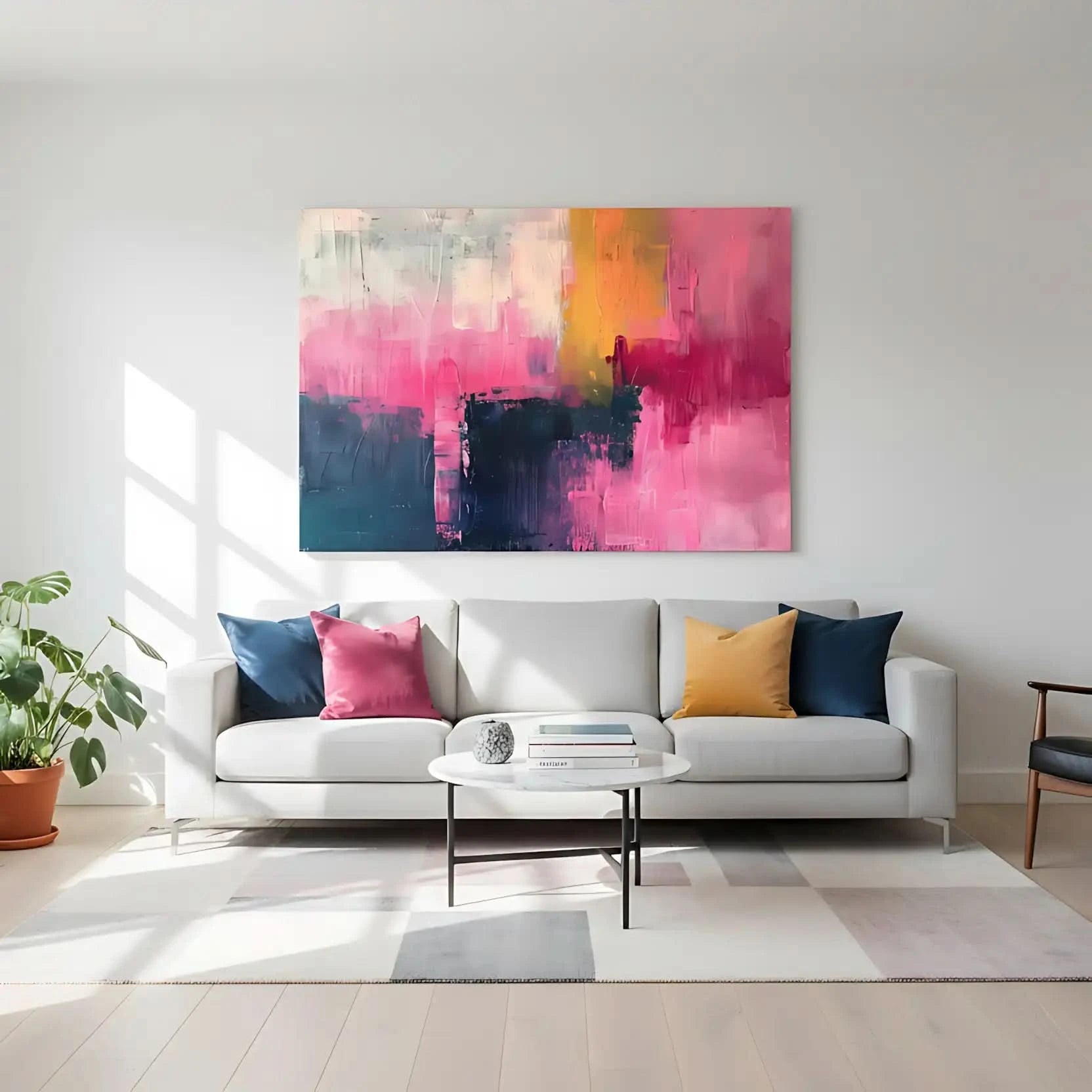 Un tableau abstrait où des teintes douces de rose, jaune et bleu se mélangent harmonieusement, créant une ambiance de sérénité.