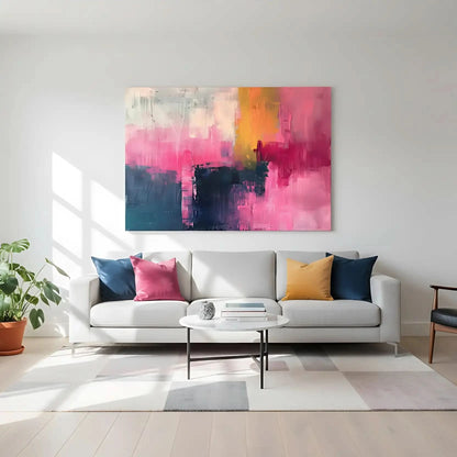 Un tableau abstrait où des teintes douces de rose, jaune et bleu se mélangent harmonieusement, créant une ambiance de sérénité.