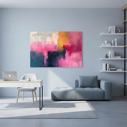 Un tableau abstrait où des teintes douces de rose, jaune et bleu se mélangent harmonieusement, créant une ambiance de sérénité.