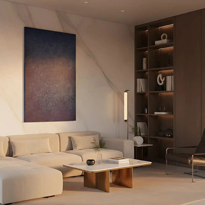 Tableau abstrait en nuances de bleu avec textures organiques. Atmosphère immersive, idéal pour un salon moderne.
